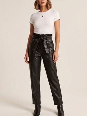 Who What Wear Black Paper Bag Tie-Waist Faux Leather Trousers